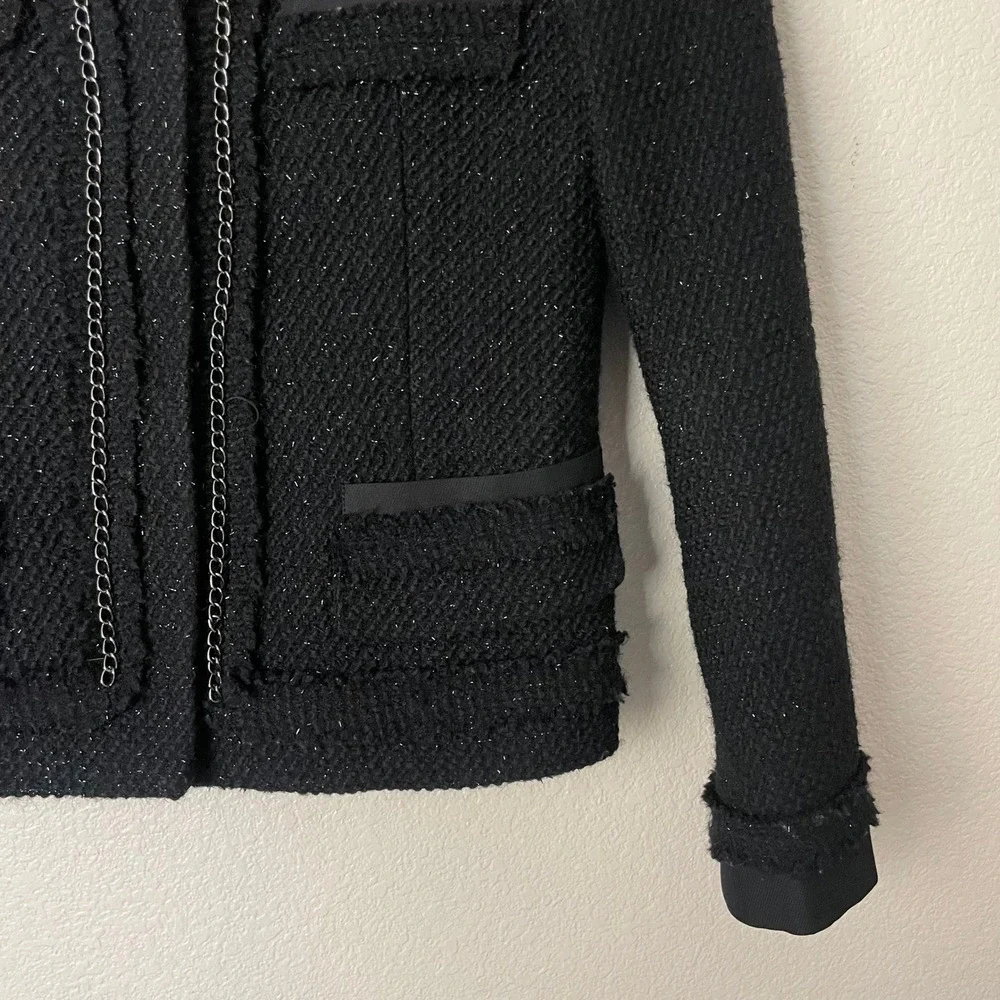 Maje Blazer Womens 36 Small Black Wool Tweed Knit Chain Trim Jacket Quiet Luxury